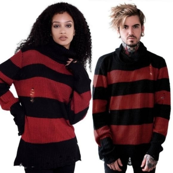Killstar Sweaters - Killstar Seven Knit Sweater | Blood Red Distressed Raw Hem Extra Long Striped